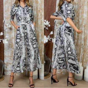 Snake Print Belted Wide Leg Jumpsuit